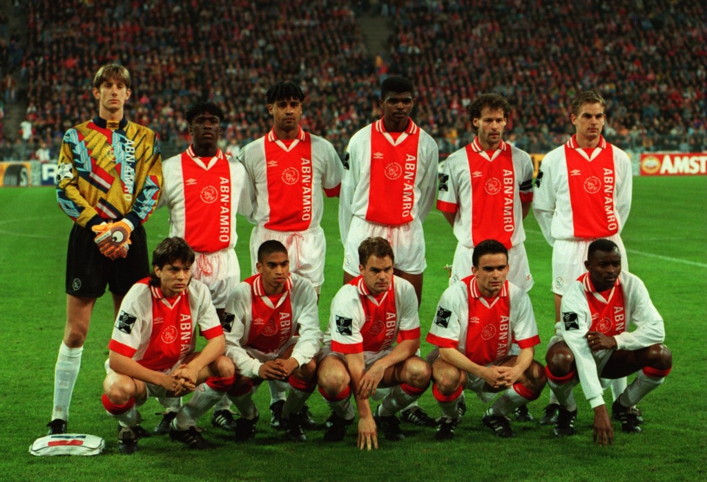 5 APR 1995: THE AJAX AMSTERDAM TEAM POSE BEFORE THE START OF THE EUROPEAN CUP SEMI-FINAL MATCH BETWEEN BAYERN MUNICH AND AJAX PLAYED AT THE OLYMPIASTADION IN MUNICH. Mandatory Credit: Clive Brunskill/ALLSPORT