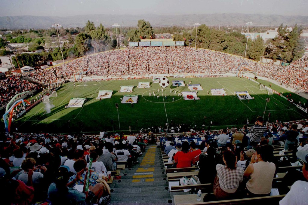 6 Apr 1996: An aerial view of Spartan Stadium during the opening ceremonies of Major League Soccer''s (MLS) inaugural match that pitted Washington D.C. United against the San Jose Clash at Spartan Stadium in San Jose, California. The Clash won the game 1-