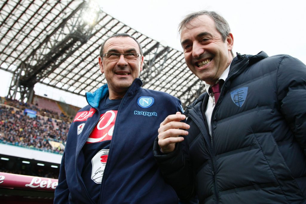 Napoli's Italian coach Maurizio Sarri (L) greets Empoli's Italian coach Marco Giampaolo before the Italian Serie A football match SSC Napoli vs Empoli FC on January 31, 2016 at the San Paolo stadium in Naples. / AFP / CARLO HERMANN (Photo credit should read CARLO HERMANN/AFP/Getty Images)