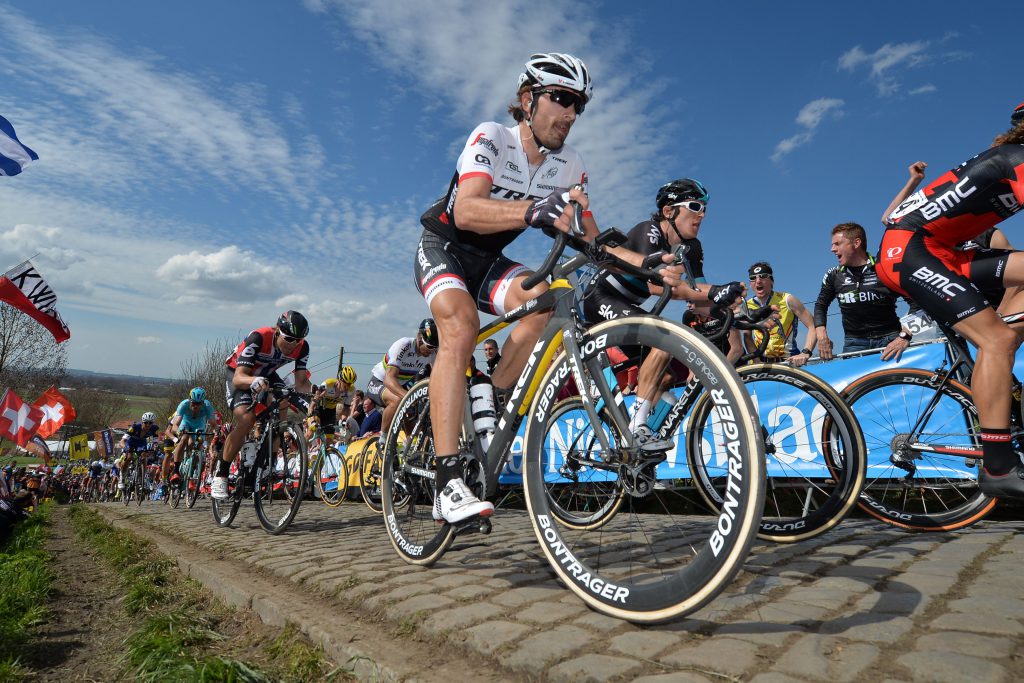 Swiss Fabian Cancellara of Trek-Segafredo rides during the 100th edition of the Tour of Flanders' (Tour des Flandres) one day cycling race, a 255km race from Zedelgem to Oudenaarde, on April 3,2016. / AFP / Belga / DAVID STOCKMAN / Belgium OUT (Photo credit should read DAVID STOCKMAN/AFP/Getty Images)