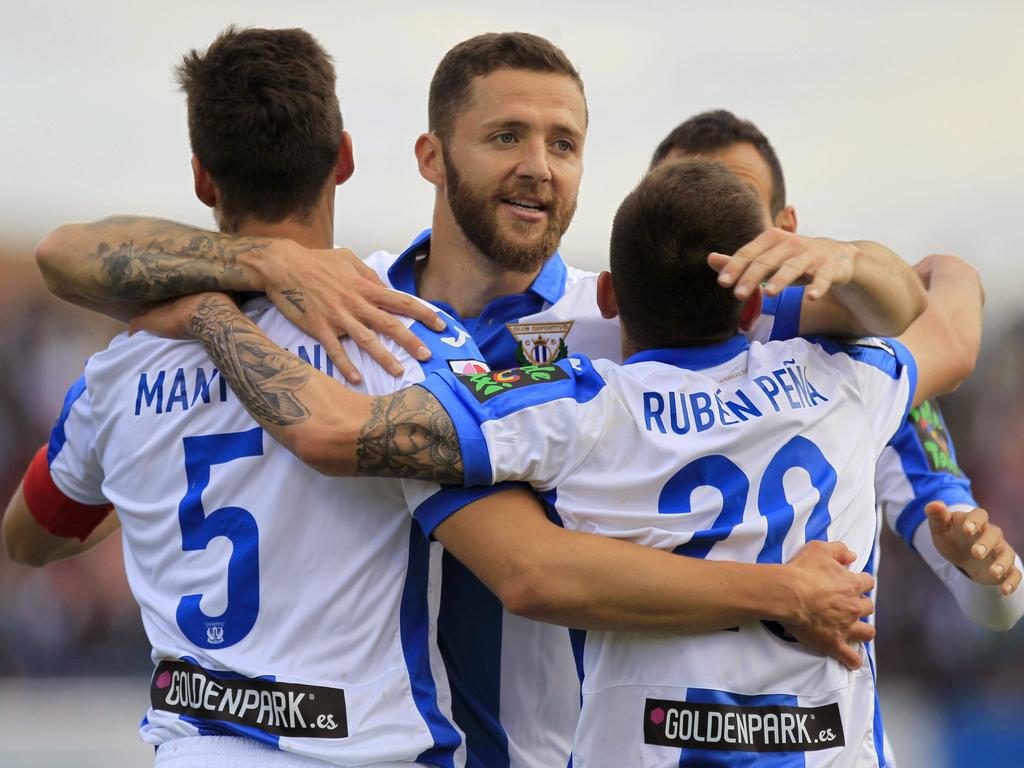  Players of The C D Celebrate A Goal Against UE Llagostera during A Match of Second Division ON 29 May 2016 in Leganes CD Leganes Alaves and Nastic are Figthing for The Promotion to The First Division Matches for Promotion to The First Division ATTENTION only editorial Use PUBLICATIONxINxGERxSUIxAUTxONLY 20160529