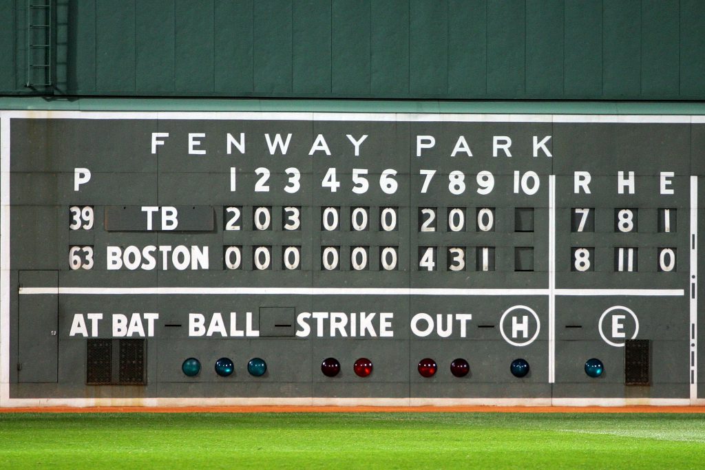 BOSTON - OCTOBER 16: The final scoreboard is seen after the Boston Red Sox defeated the Tampa Bay Rays after game five of the American League Championship Series during the 2008 MLB playoffs at Fenway Park on October 16, 2008 in Boston, Massachusetts. The Red Sox defeated the Rays 8-7 to set the series at 3-2 Rays. (Photo by Jim McIsaac/Getty Images)