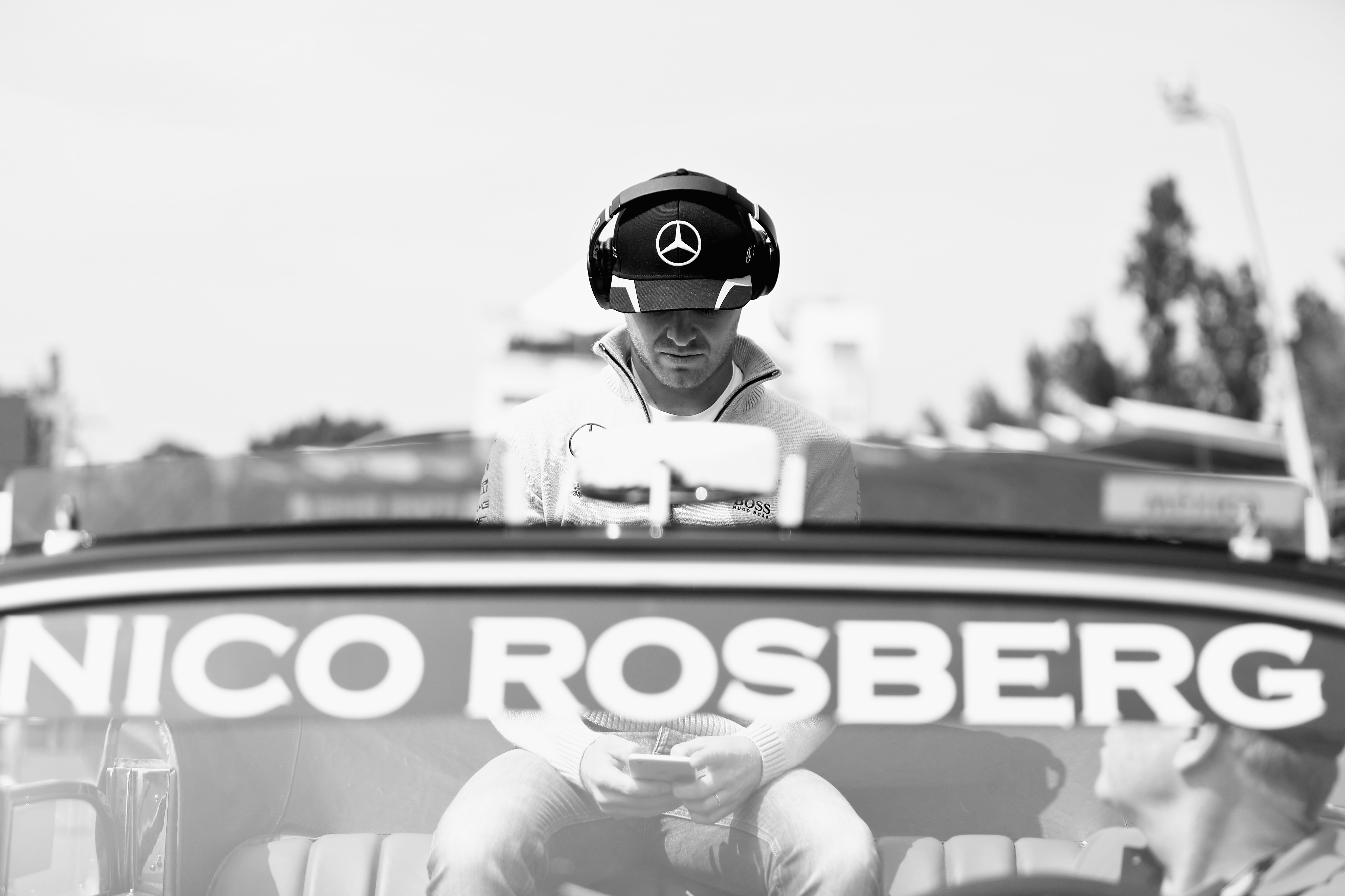 MEXICO CITY, MEXICO - OCTOBER 30: (EDITORS NOTE: Image has been converted to black and white.) Nico Rosberg of Germany and Mercedes GP on the drivers parade before the Formula One Grand Prix of Mexico at Autodromo Hermanos Rodriguez on October 30, 2016 in Mexico City, Mexico. (Photo by Mark Thompson/Getty Images)