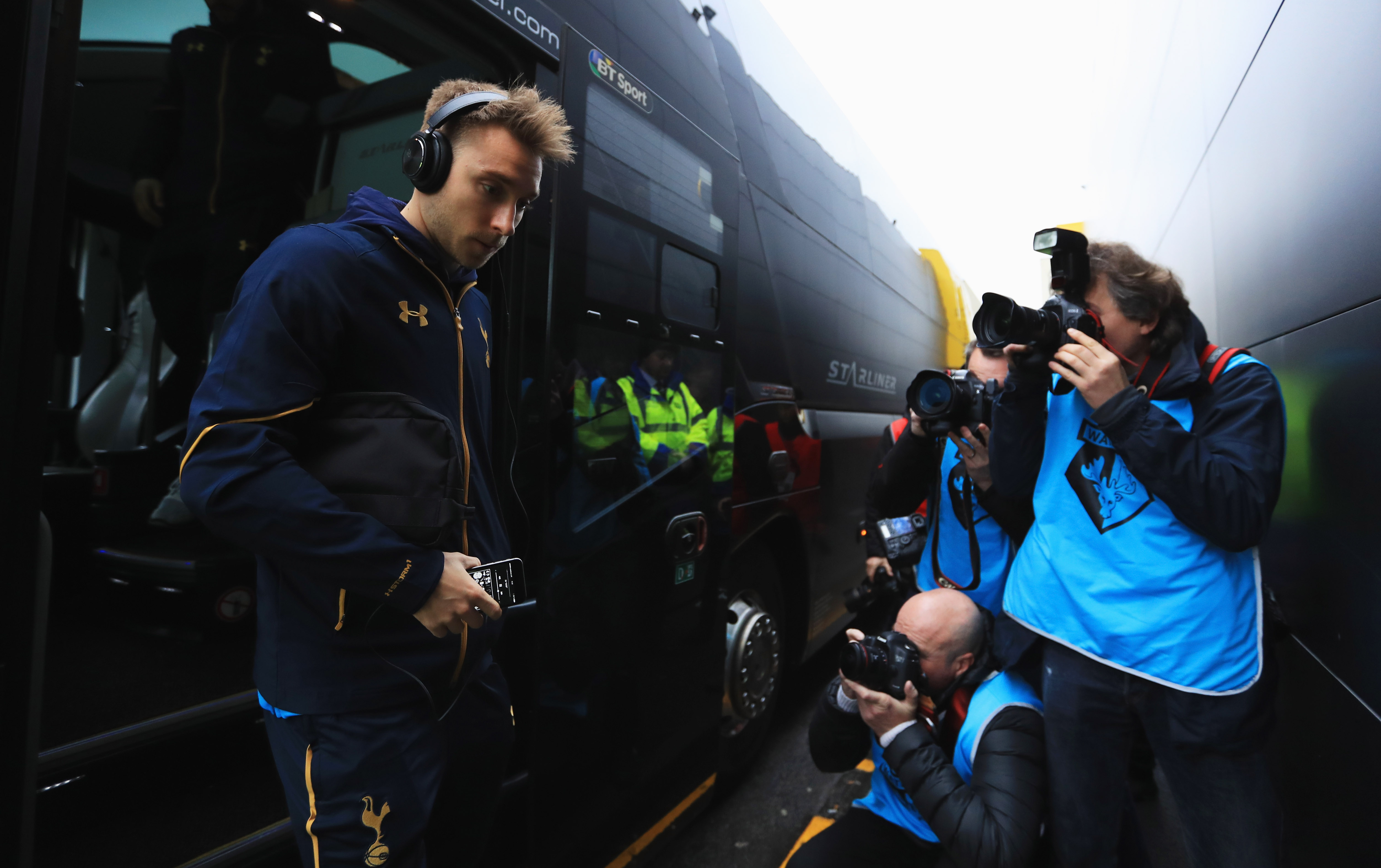 WATFORD, ENGLAND - JANUARY 01: Christian Eriksen of Tottenham Hotspur is photographed as he arrives prior to the Premier League match between Watford and Tottenham Hotspur at Vicarage Road on January 1, 2017 in Watford, England. (Photo by Richard Heathcote/Getty Images)